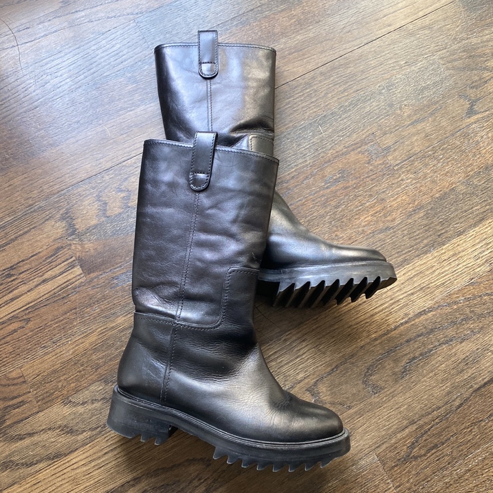 Tamara Mellon Easy Rider Mid Calf 35 Leather Black Boots Size 37.5 - Picture 3 of 11